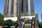 Hikers begin ascent of Bunker Hill in the shadow of the Bonaventure Hotel.